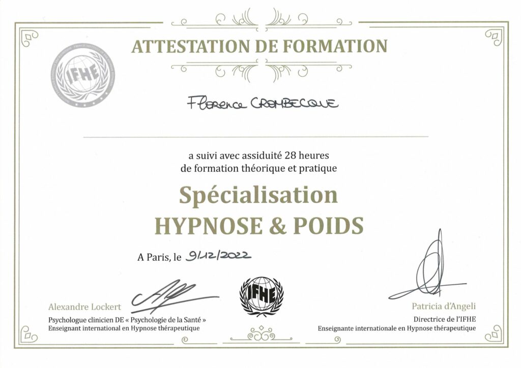 Certificat Hypnose et poids