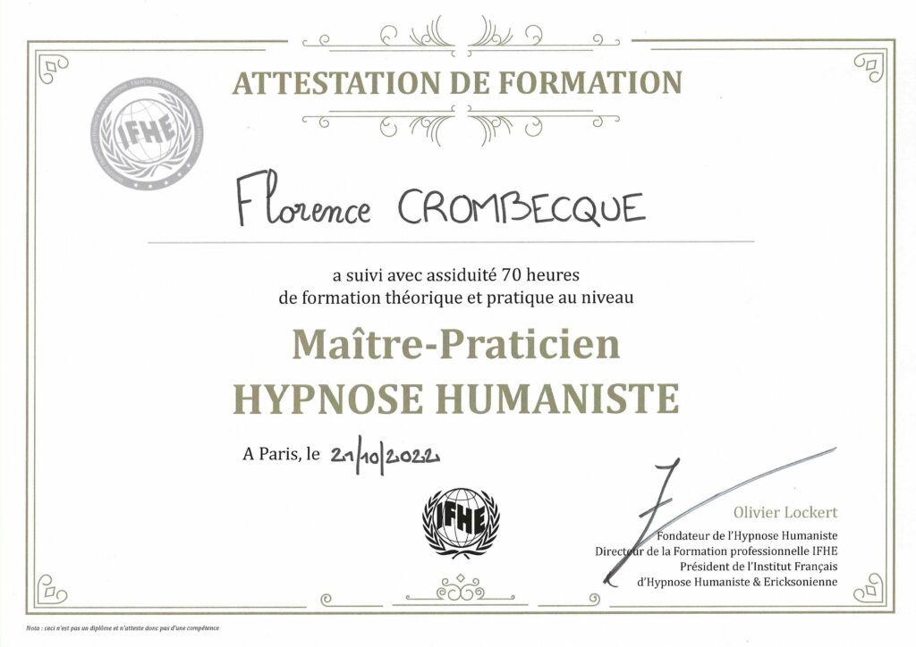 Certificat Maitre Praticien d Hypnose