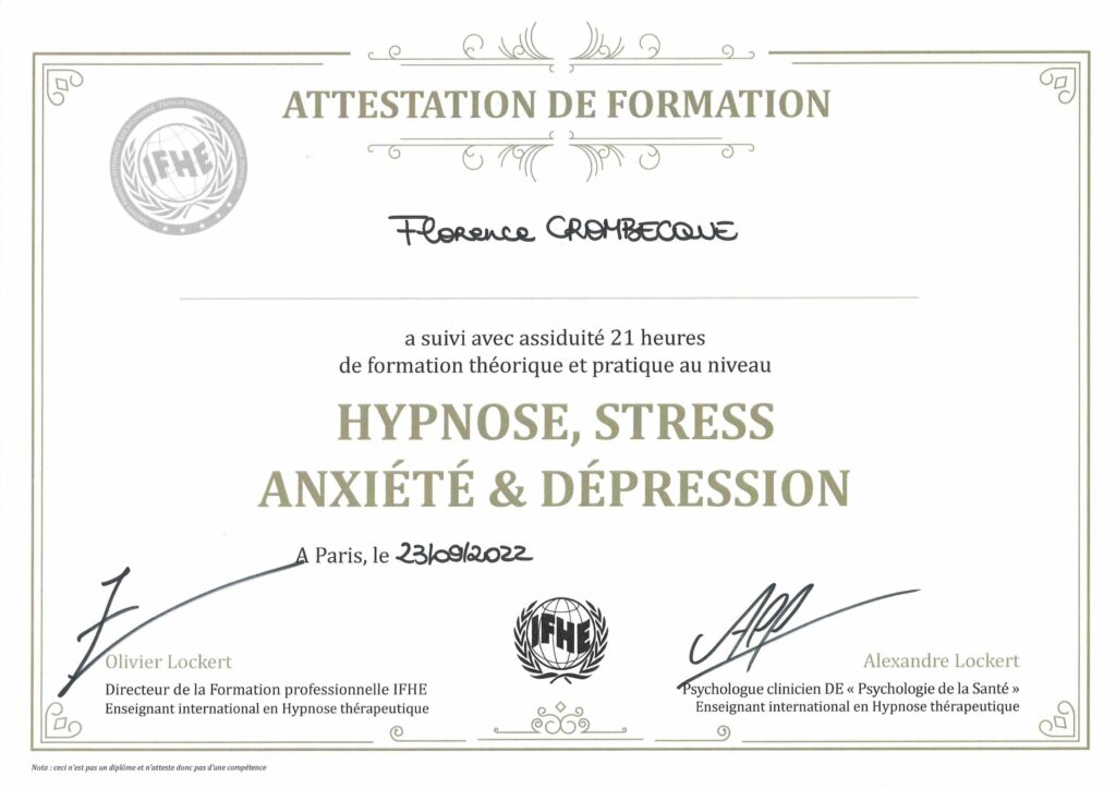 Certificat hypnose anxiete et depression